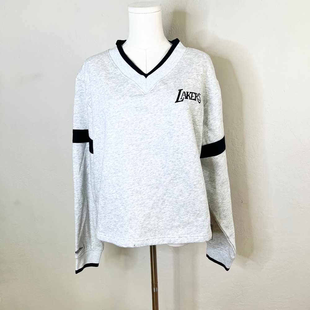 LA Lakers Mitchell & Ness Sweatshirt NBA V-Neck Cropped Womens Large Gray NEW